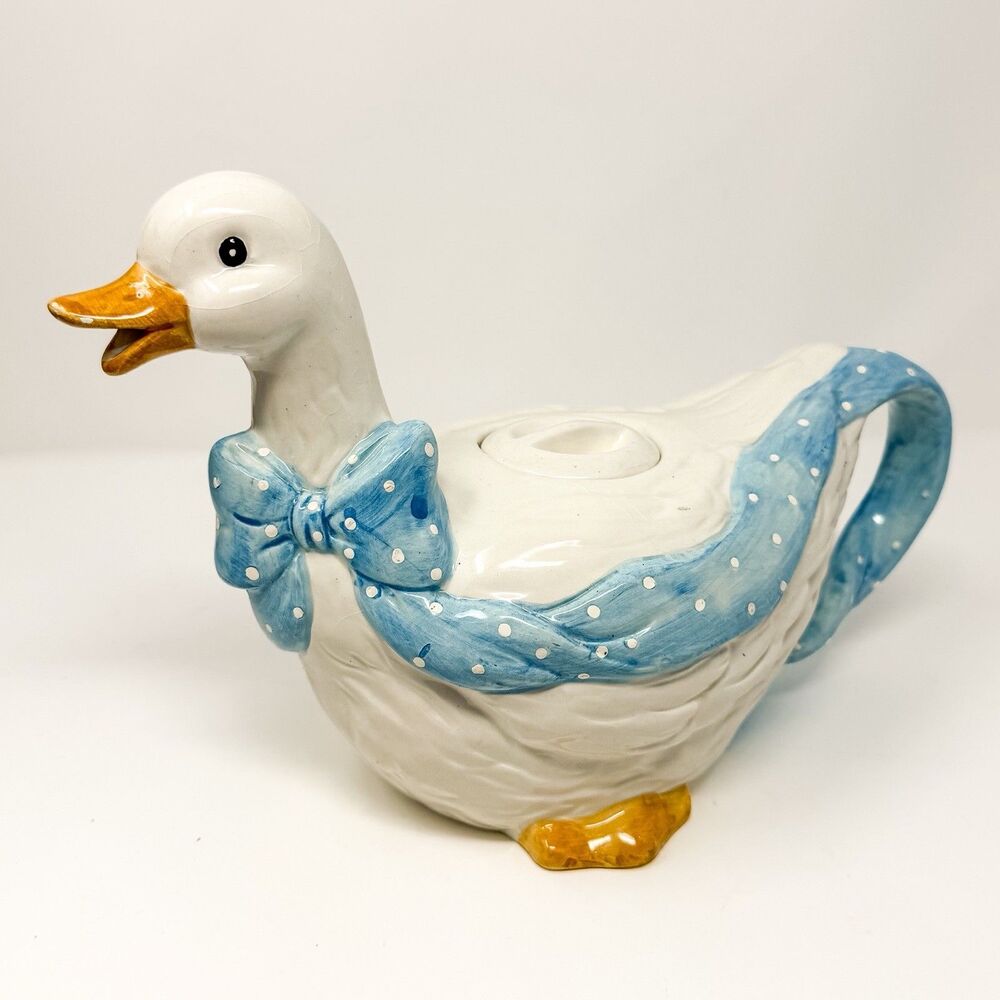 Vintage Ceramic Goose Teapot Blue Polka Dot Bow Cottagecore Country Kitchen